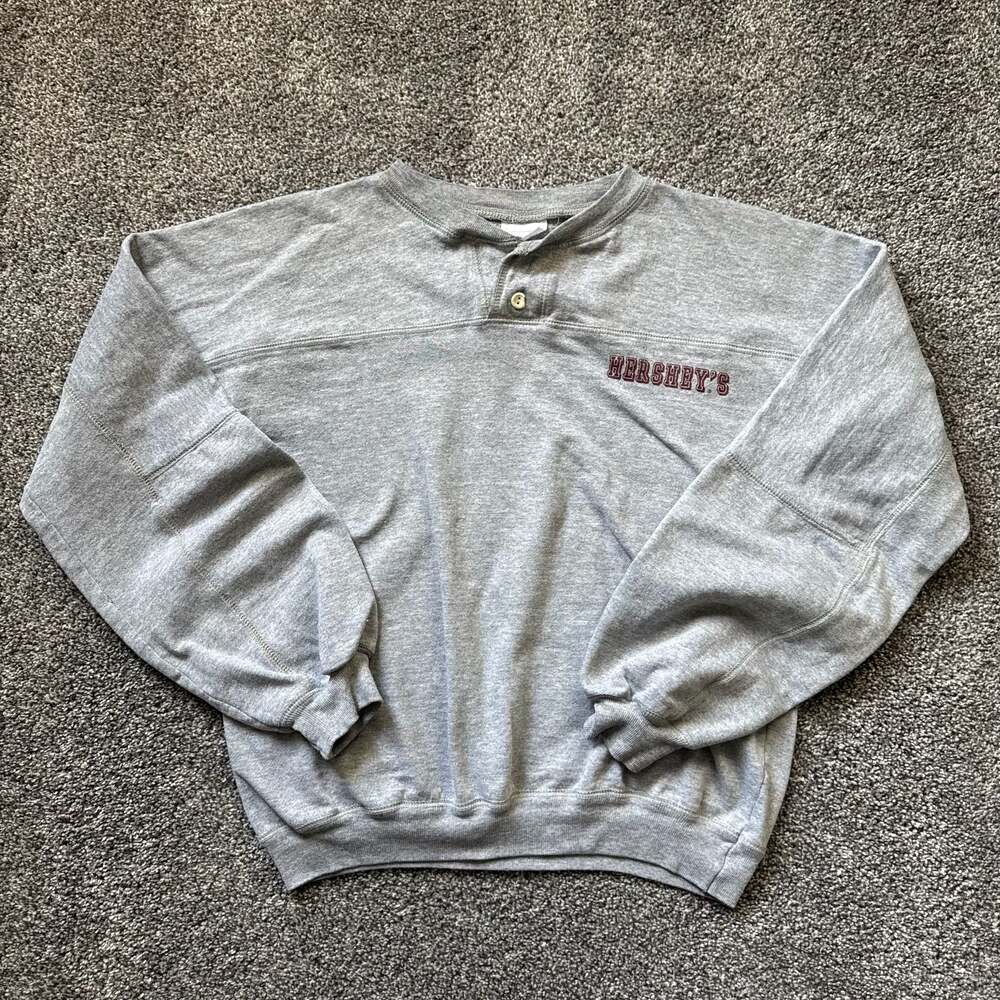 Vintage Hershey’s Embroidered Henley Sweatshirt Gray Made in USA Third Street Sp